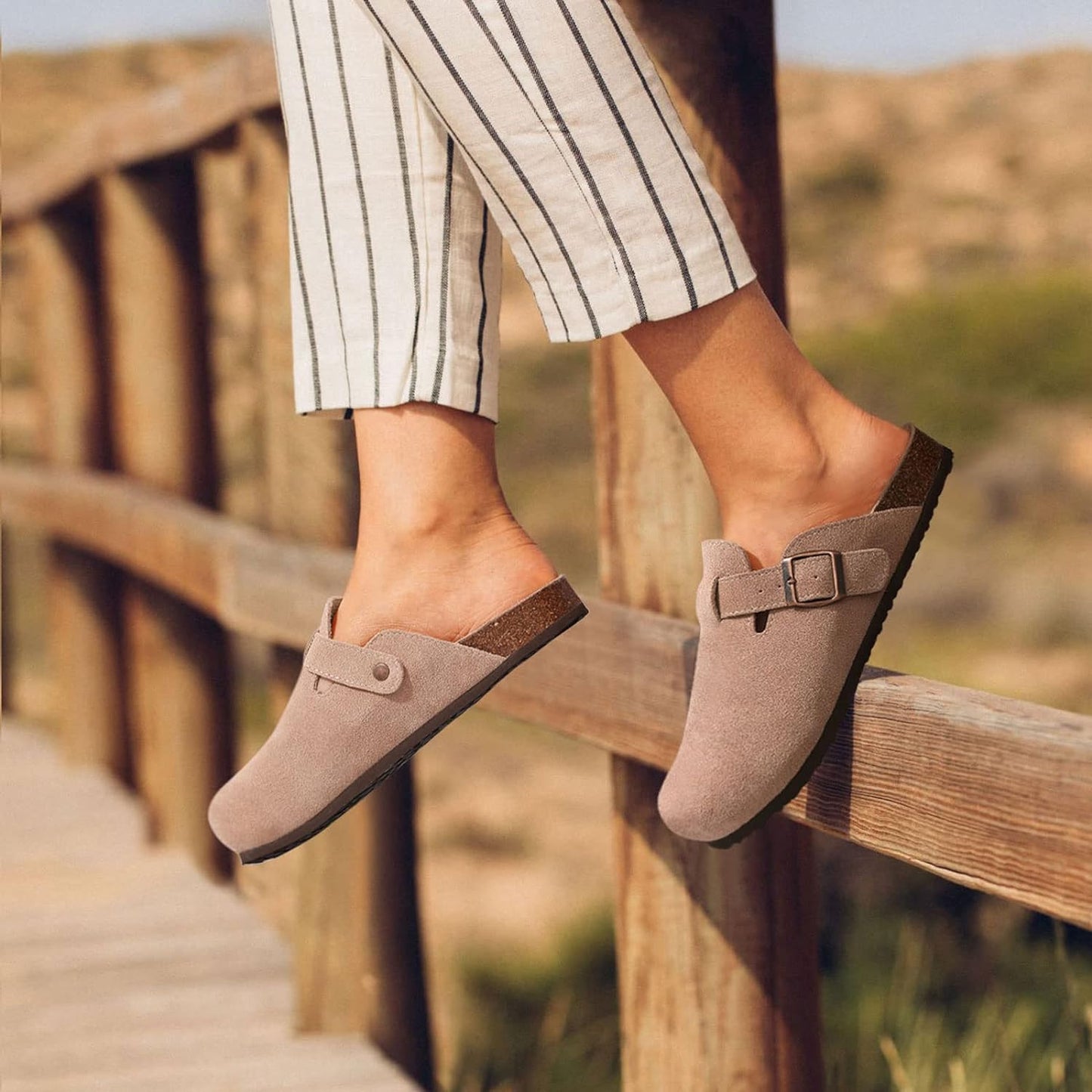 Women'S Suede Clogs Leather Mules Cork Footbed Sandals Potato Shoes with Arch Support